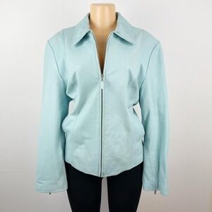 Vintage‎ 90s Pastel Light Blue Leather Blazer Jacket